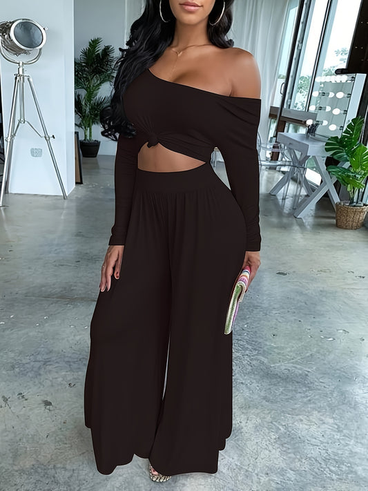 All-Season Chic Women's Leisure Set: Durable Wide-Leg Pants & Comfy Crop Top in Solid Color, Perfect for Vacation & Beyond