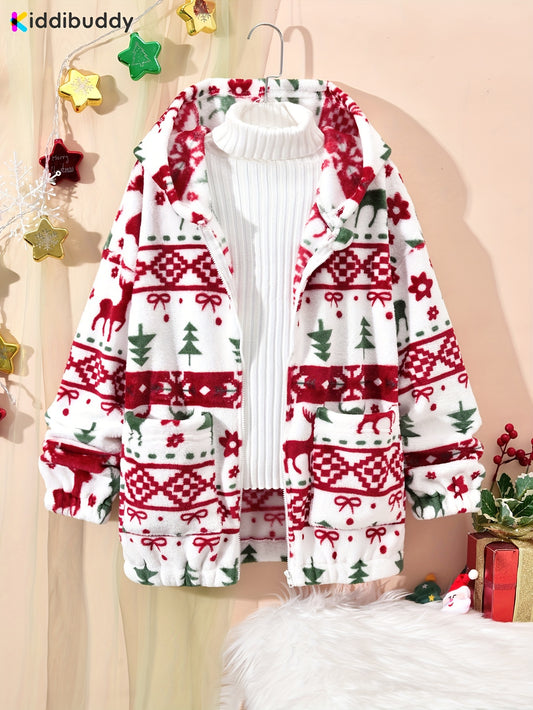 Kiddibuddy Cozy Festive Hooded Cardigan - Soft, Plush, Long Sleeve, Machine Washable, Perfect for Fall and Winter Seasons, Girls' Favorite Christmas Print Design