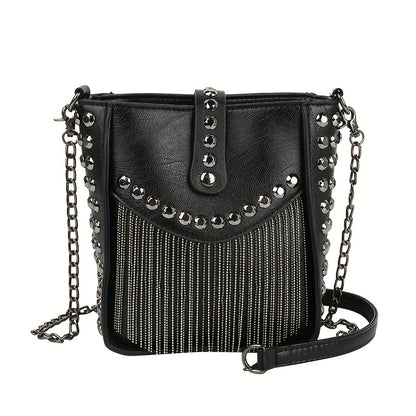 Trendy Punk Style Mini Bucket Bag - Fringe & Studded Accent, Premium PU Leather, Tassel Charm, Adjustable Chain Crossbody Strap for Fashion-Forward Women