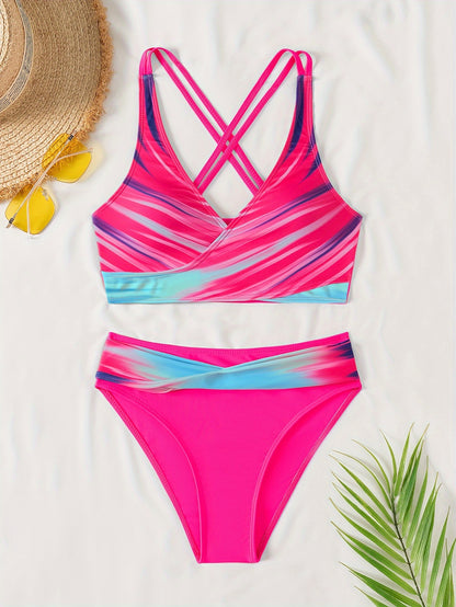 Flattering Ombre Contrast Bikini Set - V Neck with Adjustable Criss Cross Straps - High Cut, 2 Piece Swimsuit Ensemble - Fashionable Womens Swimwear & Beach Clothing