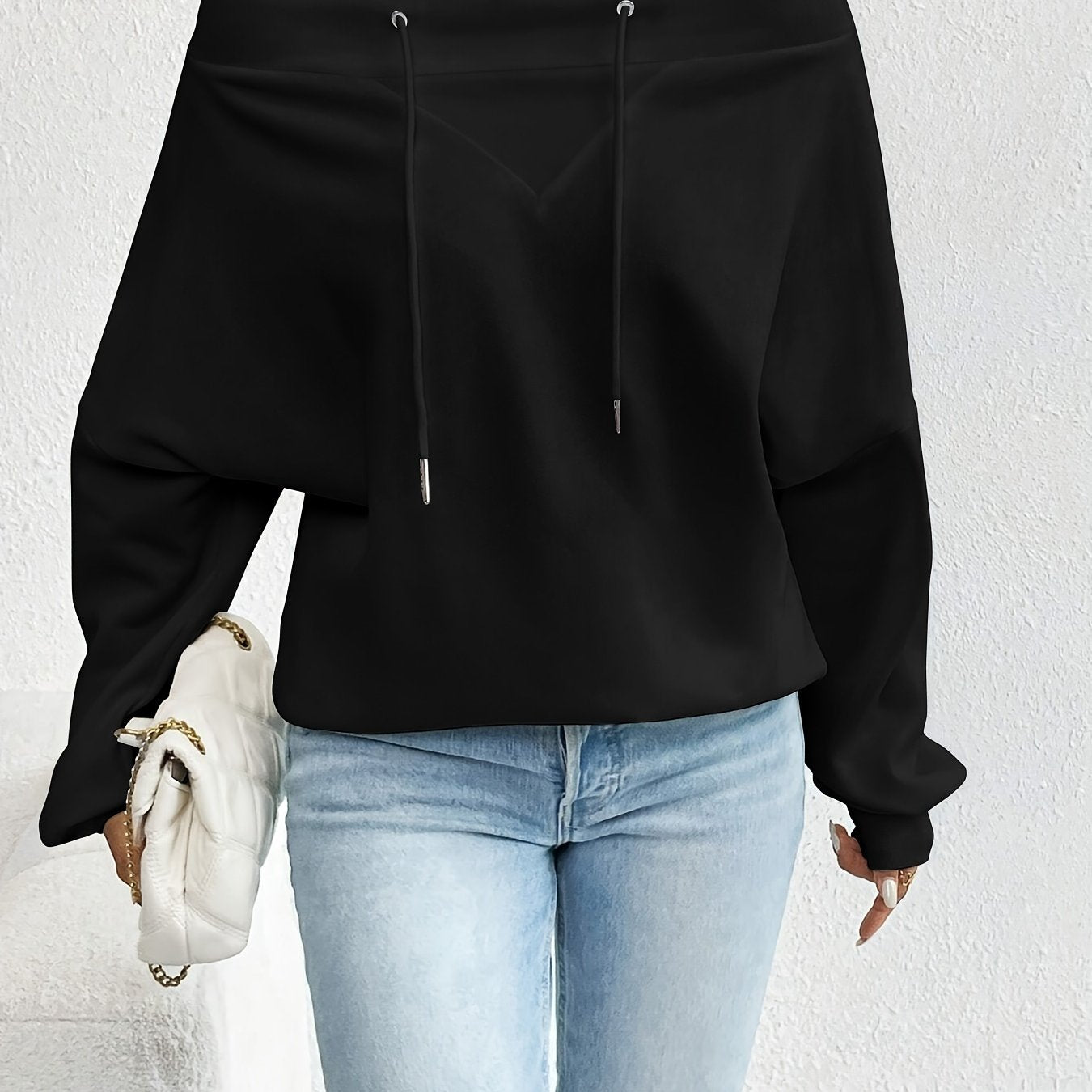 Cozy Off-The-Shoulder Drawstring Pullover Sweatshirt - Women's Casual Long Sleeve Crew Neck Apparel for Spring & Fall - Soft, Breathable, and Comfortable Fashion Clothing