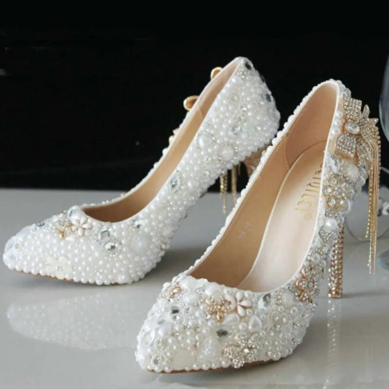 New Crystal Pumps Wedding Bride Pearl Rhine-Drill Sticky Drill Shoes White Pointed Fair High Heels Kq8