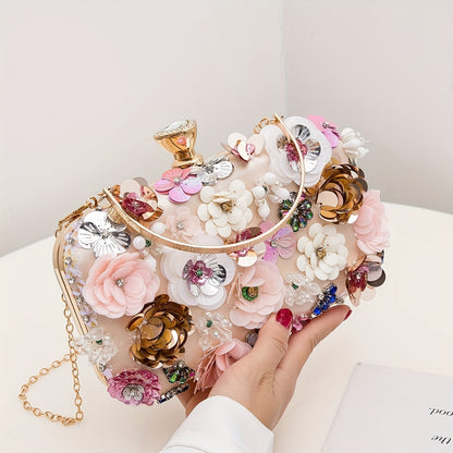 Mini Flower Decor Evening Bag, Elegant Rhinestone Clutch Bag, Women's Exquisite Dinner Bag For Party (19.99cm x 11.0cm x 4.5cm) For Carnaval