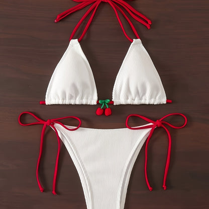 Charming Cherry Triangle Bikini Set - Adjustable Tie Back & Side, Racy Backless, High Cut Swimsuit for Womens Fashionable Beachwear