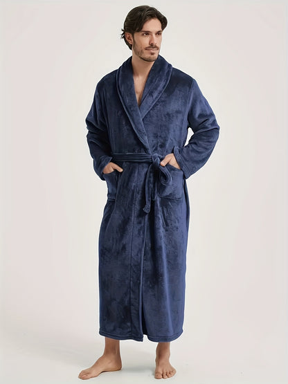 Cozy V-Neck Flannel Robe - Soft Fleece Elegant Long Sleeve Lounge Wear for Men - Autumn/Winter Comfortable Loose Fit, Super Stylish, Plush Fabric, Warm and Breathable