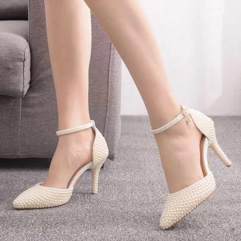 White Pearl Pointed High Fine Heel Sandals Female Bride Wedding Shoes Party Banquet Kq8