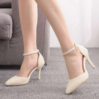 White Pearl Pointed High Fine Heel Sandals Female Bride Wedding Shoes Party Banquet Kq8