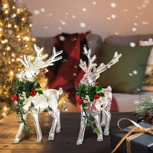 2pcs Vibrant Acrylic Reindeer Ornaments - Clear Deer Figurines with Red Bells, Sparkling Tabletop Decorations for Holiday Table Centerpiece, Christmas Decor, Festive Home Decorations, Indoor Decor