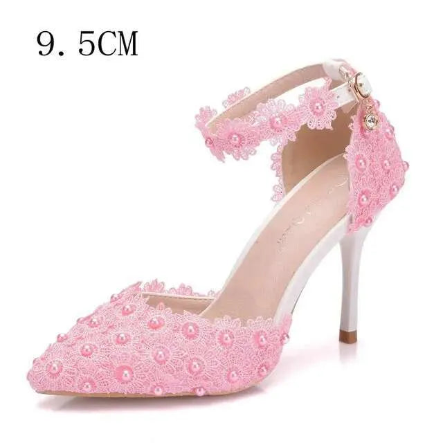 9Cm White Lace Wedding One Word Buckle Strap Thin Heels Pointed Toe Bride Female Sandals Bridesmaid Shoes Kq8