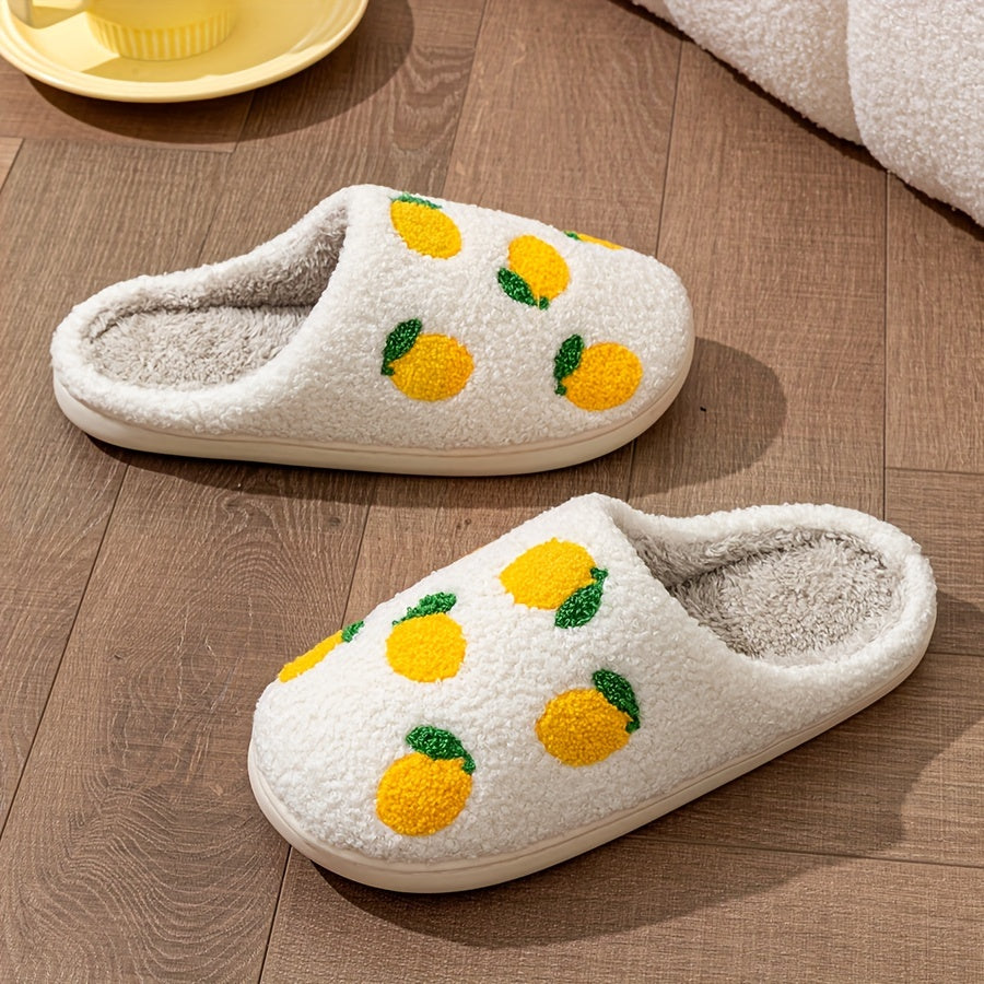 Corduroy Fruit Pattern Plush Slippers - Ultra Soft, Warm, and Comfortable Indoor Shoes with Flannel Insole and TPR Sole for All-Season Wear - Casual, Slide-On Design for Home Relaxation