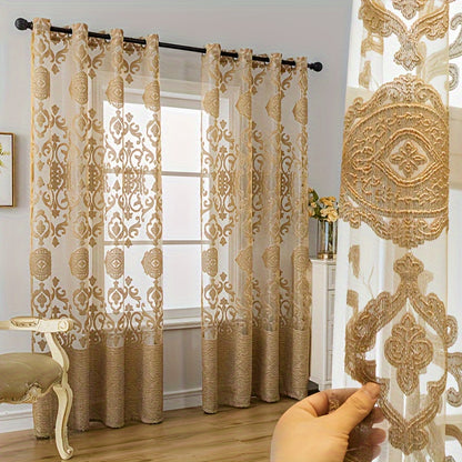 2pcs European-style Golden Jacquard Curtains, Grommet Top Curtain Living Room Bedroom Study Dining Room Balcony Office And Other Home Decoration, Room Decoration