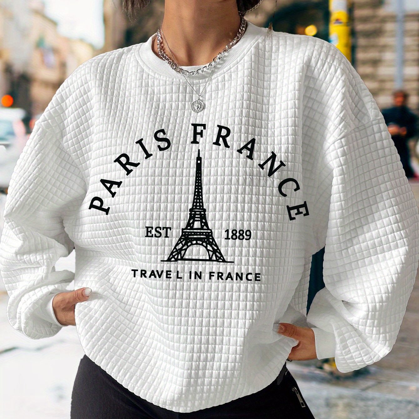 Womens Casual Long Sleeve Crew Neck Waffle Sweatshirt - Soft Micro Elasticity Polyester Fabric, Alphabets Patterned with Paris Letter & Eiffel Tower Print, Customized Knit Fabric, Fall/Winter Season, No Sheer - Perfect for Everyday Wear