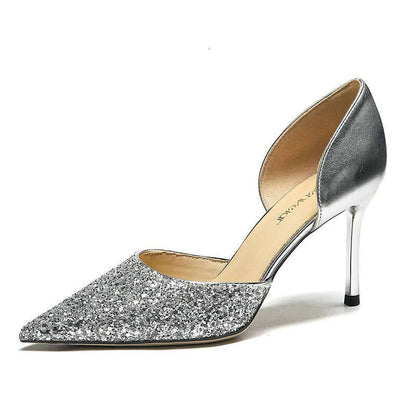 Glitter Pointy Heels Women's New Shallow Mouth Pumps Temperament Fairy Wind Party Hollow French Sandals Kq8