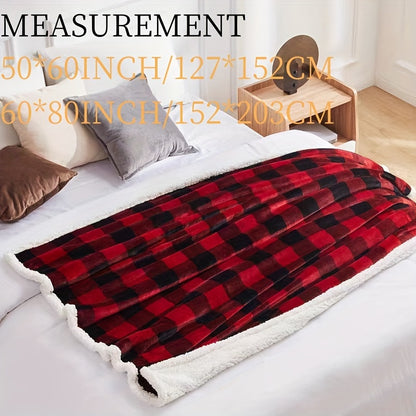 1pc Sherpa Fleece Blanket Black & Red Buffalo Plaid Christmas Blanket, Warm Thick Throw Blanket For Winter Sofa & Bed