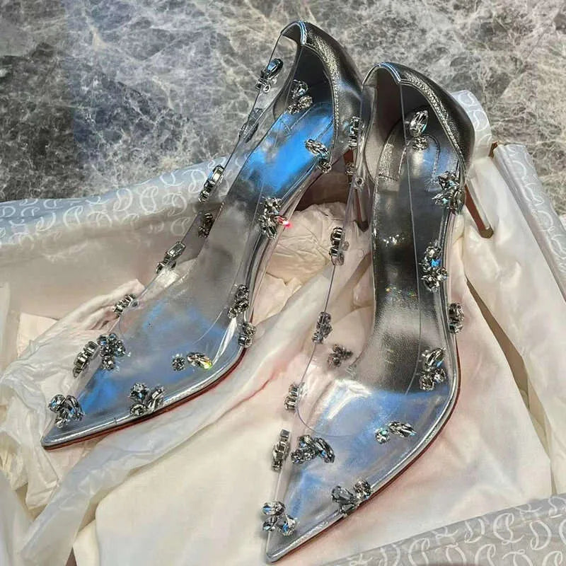 PVC Transparent Pointy Sexy Women Stiletto Heels Wedding Shoes Sier Rhindiamonds Crystal Fairy Wind New Pumps Kq8