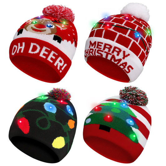 4 Pack LED Light up Christmas Beanie Hats Xmas Knitted Hat Unisex Winter Hat Flashing Cap for Adults Kids Christmas New Year