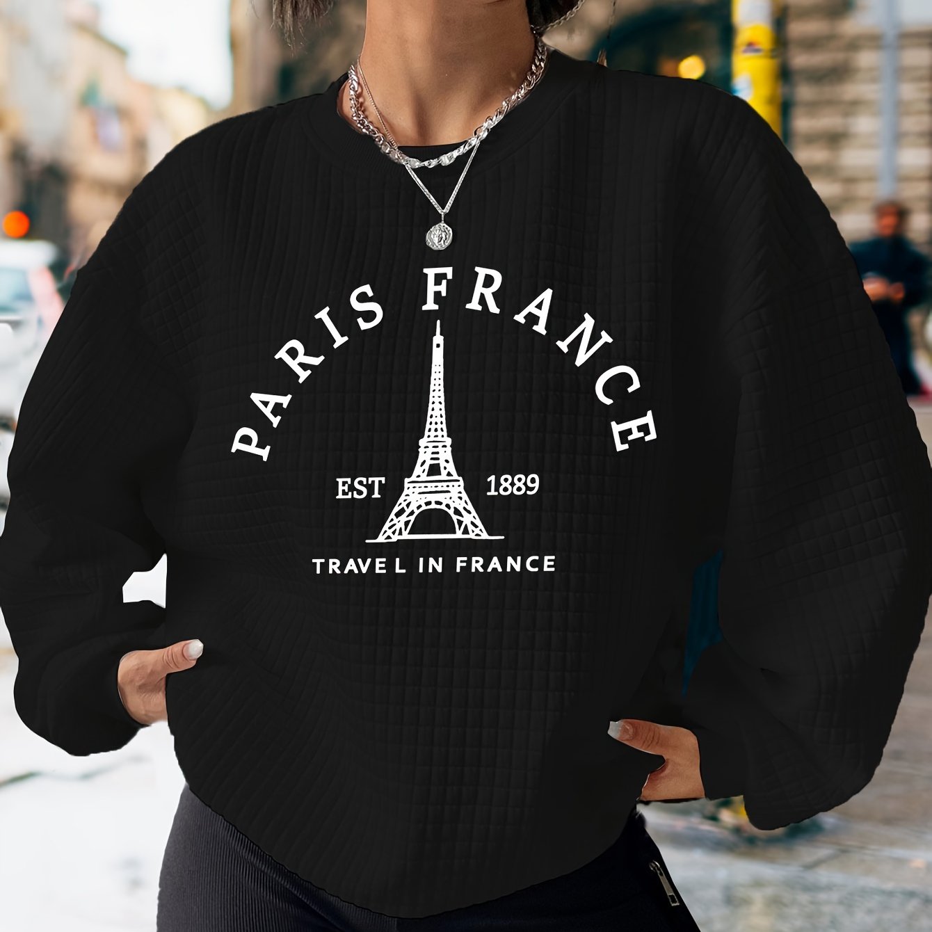 Womens Casual Long Sleeve Crew Neck Waffle Sweatshirt - Soft Micro Elasticity Polyester Fabric, Alphabets Patterned with Paris Letter & Eiffel Tower Print, Customized Knit Fabric, Fall/Winter Season, No Sheer - Perfect for Everyday Wear