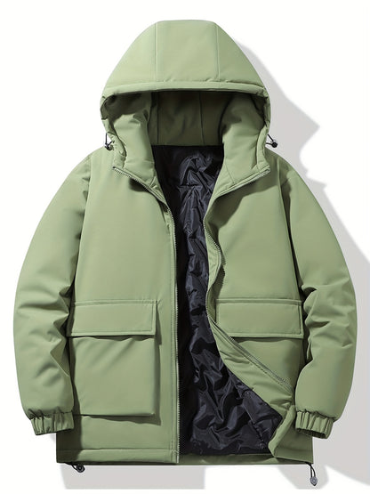 Men's Stylish Solid Faux Down Jacket With Pockets, Casual Breathable Zip Up Long Sleeve Warm Hooded Top For Winter City Walk Street Hanging Outdoor Activities