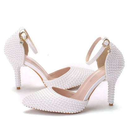 White Pearl Pointed High Fine Heel Sandals Female Bride Wedding Shoes Party Banquet Kq8