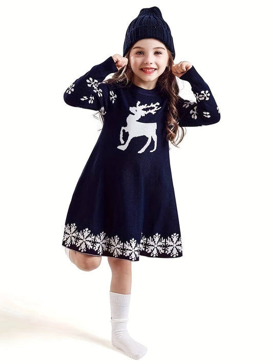 Cozy Girls' Deer Pattern Sweater Dress - Special Occasion, Round Neck, Long Sleeve, Knitted, Christmas Themed, Soft and Warm - Perfect for Holiday Parties