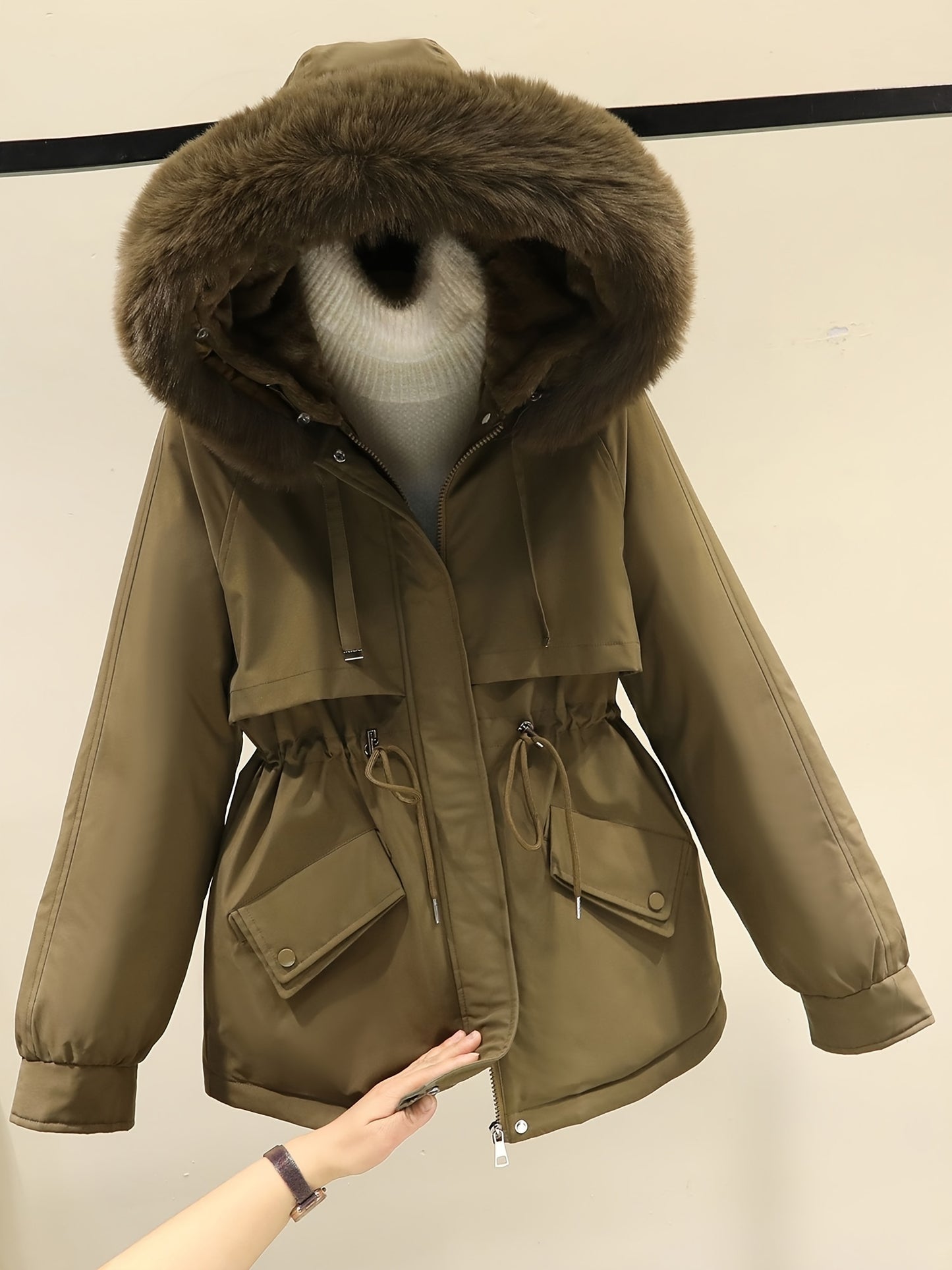 Women's Casual Versatile Fashion Pocket Clip Thick Warm Hooded Detachable Hat Clothes Coat