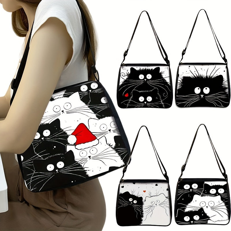 Cartoon Black CatPattern Shoulder Bag, All-Match Zipper Handbag, Trendy Bag Suitable For Christmas Gift