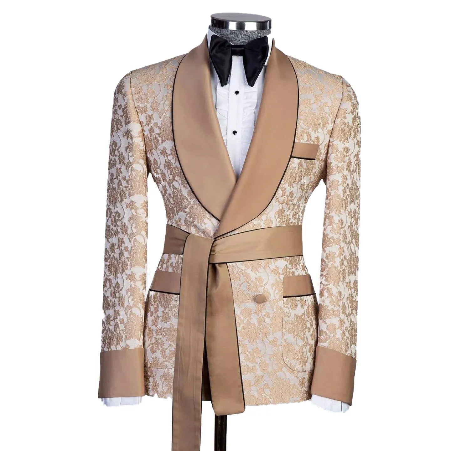 Floral Jacquard Mens Wedding Tuxedos Slim Fit Champagne Shawl Lapel Double Breasted Jacket 2 Pieces Black Pants