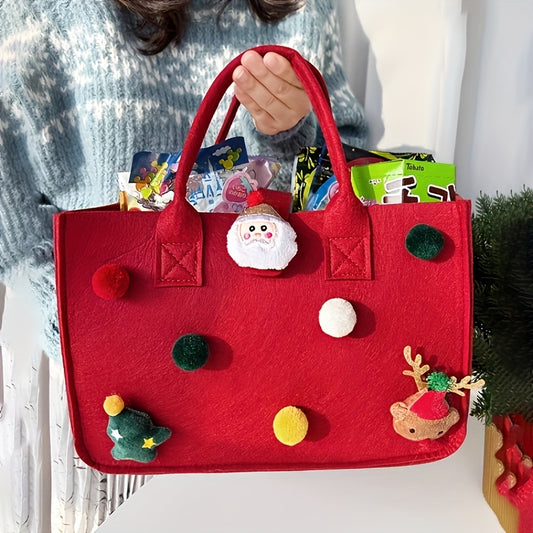 Christmas Felt Tote Bag with Pom-Poms, Simple Style, Random Color And Position, Perfect Gift