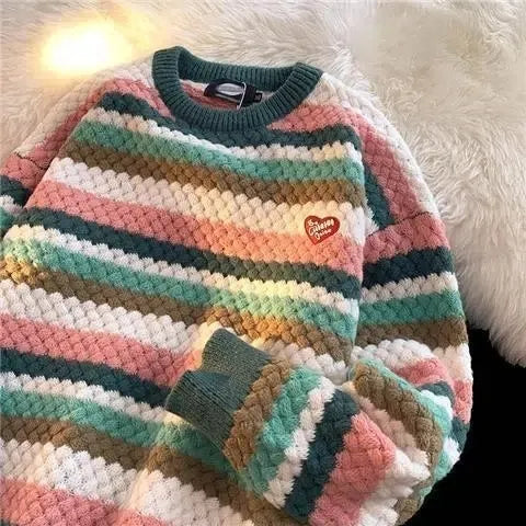 Mens Sweaters Harajuku Streetwear Daisy Rainbow Striped Vintage Knitted Sweater Autumn Winter Loose Thicken Warm Hip Hop Pullover Sweater Men 221008