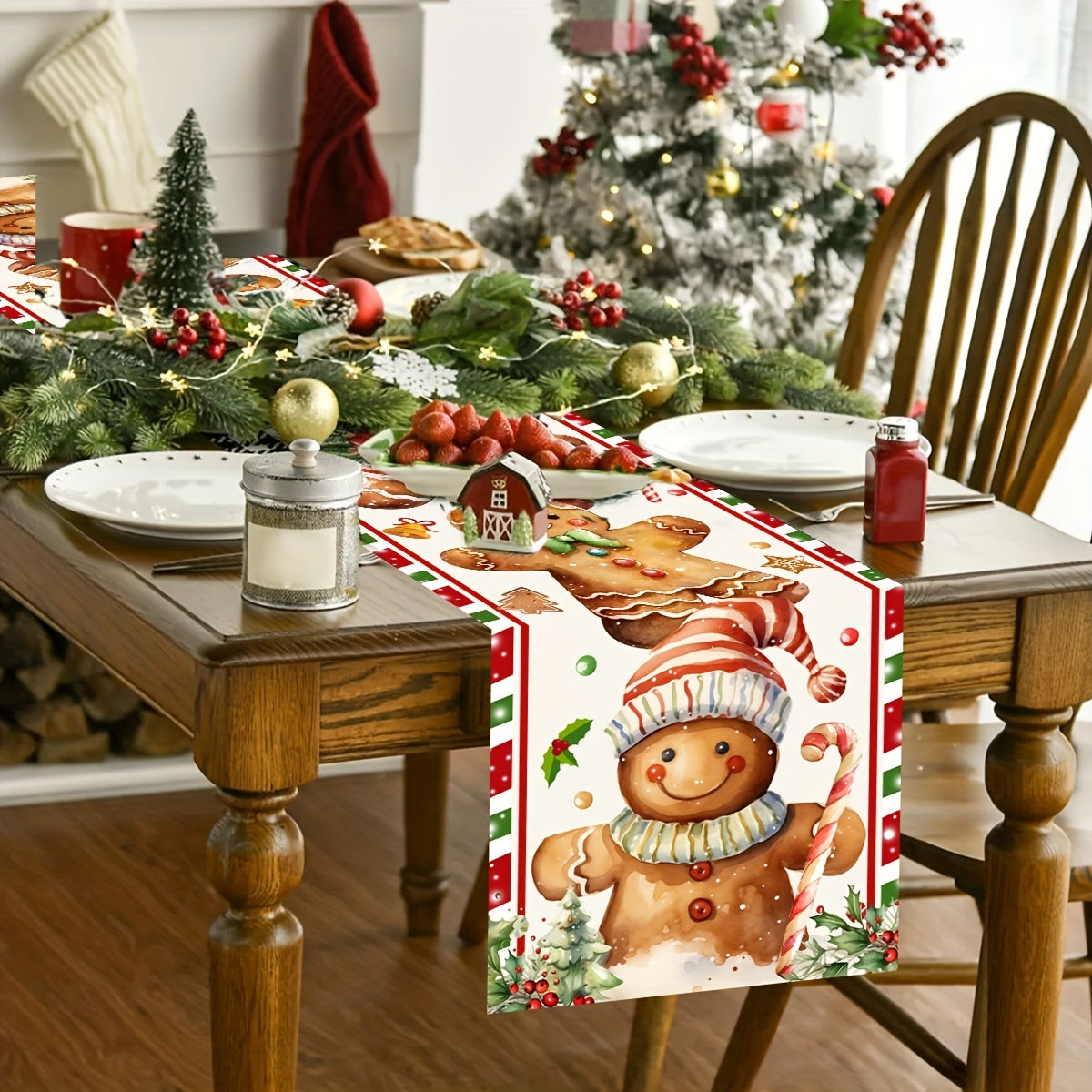 Vibrant 1-Piece Christmas Polyester Table Runner - Festive Gingerbread Man Pattern, Universal Fit, Machine Made, Easy Care, Seasonal Holiday Decor, Indoor and Outdoor Use, Perfect for Home Party, Dining Table Decoration, Xmas Celebration Accessory