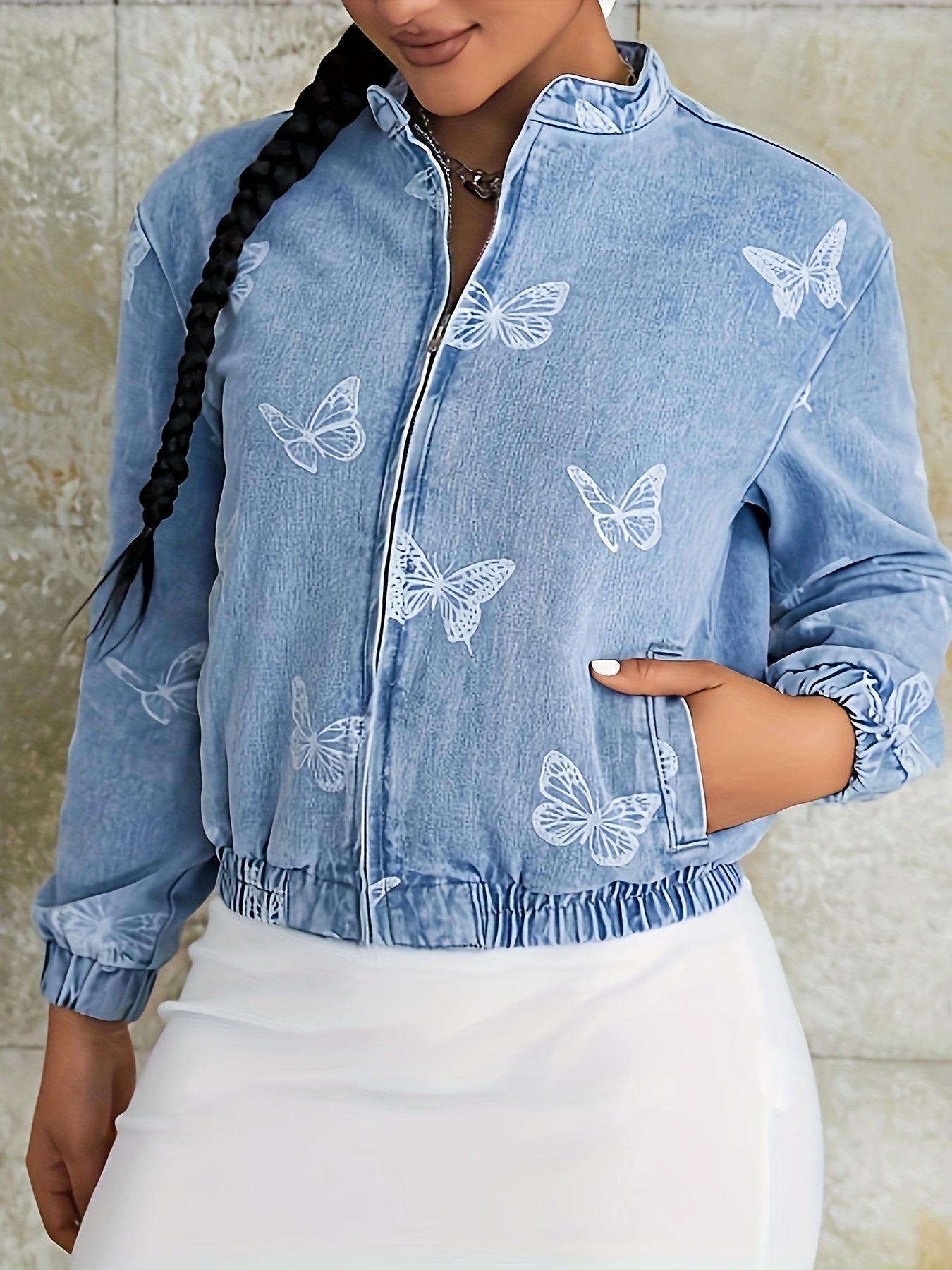 Women's Casual Style Denim Jacket with Zipper Closure, Light Blue with White Butterfly Print, Fashionable Jean Top for Everyday Wear