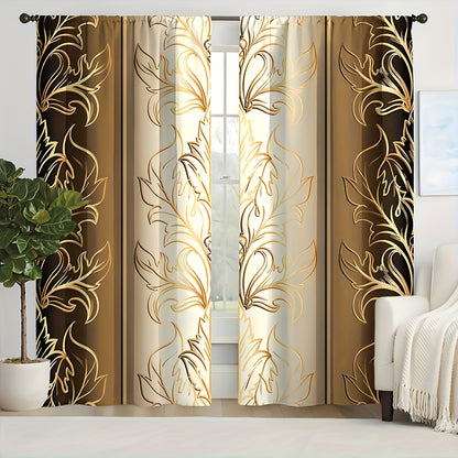 2pcs Leaf Print Curtains, Rod Pocket Decorative Window Drapes, Window Treatments For Bedroom Living Room, Home Decoration, Room Decoration