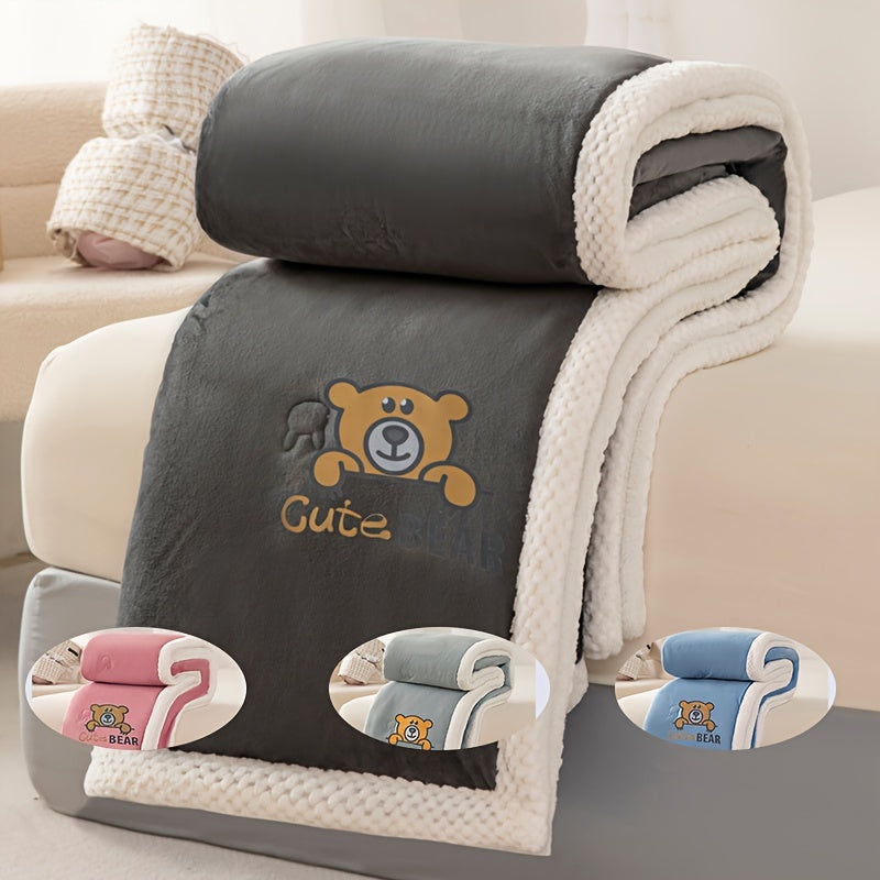 Double-Sided Milk Velvet Thickened Winter Blanket - Contemporary Style All-Season Quilted Sofa Comforter with Teddy Bear Pattern - Polyester, Machine Washable, No Embellishment - Cozy Napping Throw Blanket