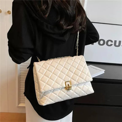 burminsa Quilted Large Chain Shoulder Bags For Women  Luxury Designer Crossbody Bags PU Leather Ladies Handbags Black White G53U#