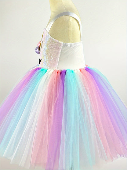 Girls Unicorn Tutu Dress Rainbow Tulle Princess Dress 3-10 Years Kids Unicorn Birthday Party Dresses Summer Vacation Halloween Dress Up Costumes Holiday Gifts