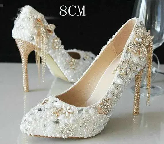 New Crystal Pumps Wedding Bride Pearl Rhine-Drill Sticky Drill Shoes White Pointed Fair High Heels Kq8