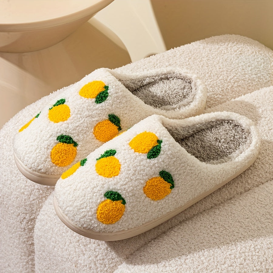 Corduroy Fruit Pattern Plush Slippers - Ultra Soft, Warm, and Comfortable Indoor Shoes with Flannel Insole and TPR Sole for All-Season Wear - Casual, Slide-On Design for Home Relaxation