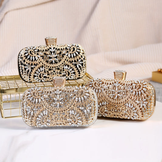 Elegant Hollow Rhinestone Flower Clutch: Fade-Resistant, Versatile Evening Bag with Buckle Closure for All Occasions