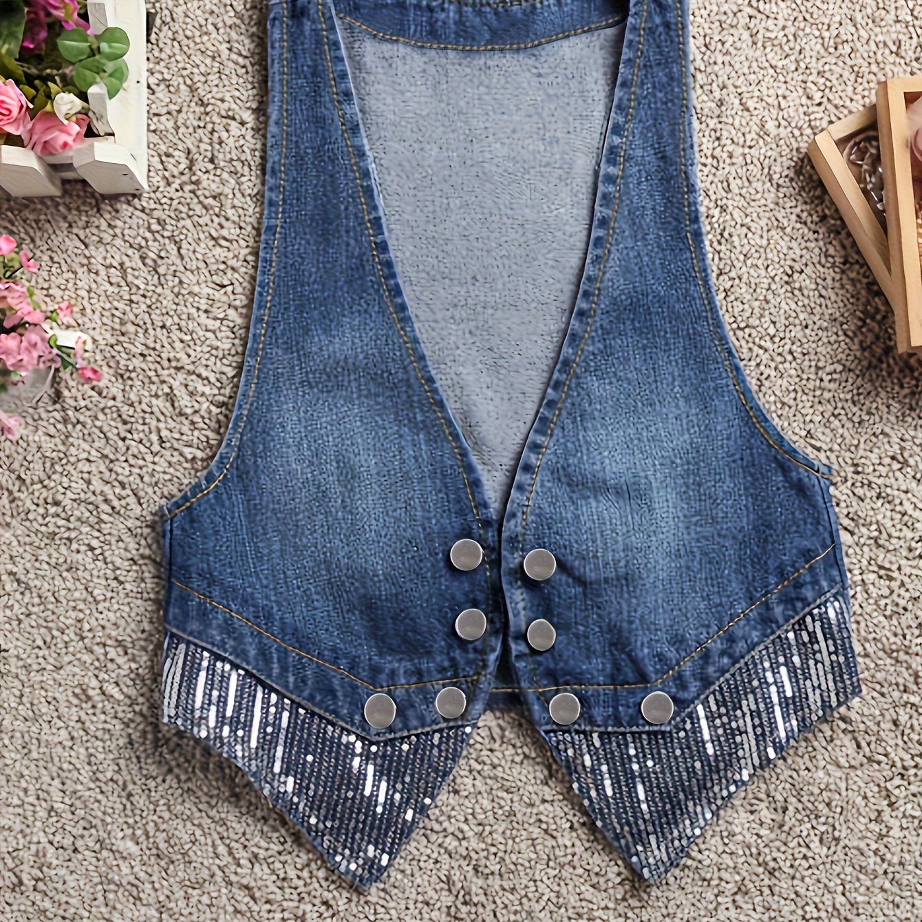 Chic Sequined Sleeveless Denim Vest - Deep V Neck, Slim Fit Crop Top, Casual Women's Fashion for Spring/Fall