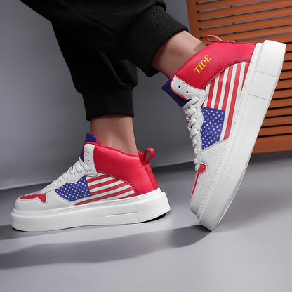 Men's Non Slip High Top Skate Shoes, American Flag Style Trendy Casual Sneakers For Autumn And Winter - Outdoor Street Walking Traveling