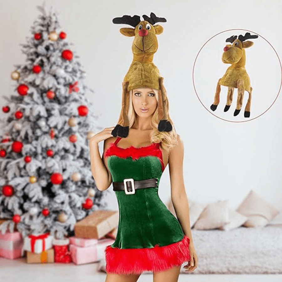 1pc Unisex Reindeer Christmas Hat, Polyester & Spandex Cartoon Xmas Holiday Costume Accessory, 11.8x17.7 inches, Festive Novelty Headwear for Holiday Celebrations