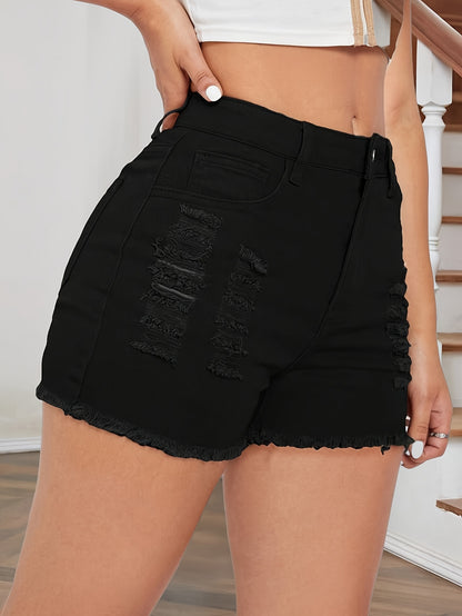 Womens High Stretch Denim Shorts - Fashionable Raw Hem, Ripped & Distressed Style - Versatile Solid Colors, Ultra-Comfortable, High Waist Design - Premium Slash Pocket Jeans Shorts