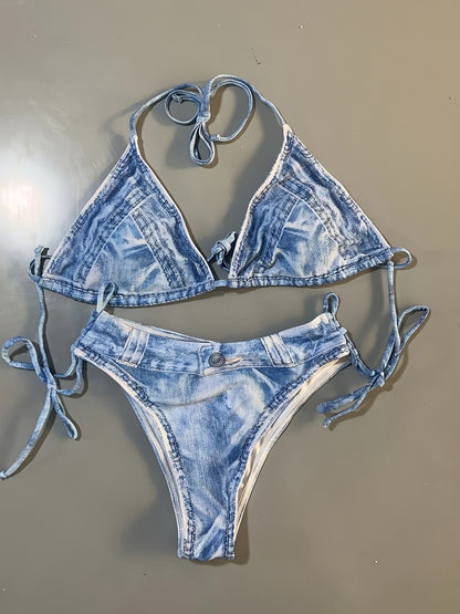 Chic Faux Denim Print Triangle Bikini Set - Flattering Halter Tie Straps, Sexy Backless Swimsuit - Womens Beachwear Clothing