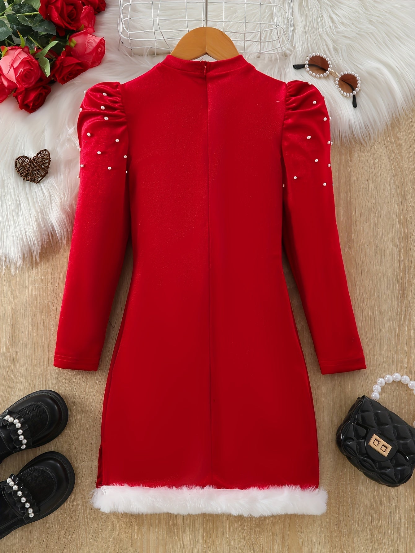 Girls Christmas Style Velvet Faux Pearl Decor And Faux Fur Trim Hem Long Sleeve Dress, Warm And Thick For Fall And Winter Christmas Party Outdoors