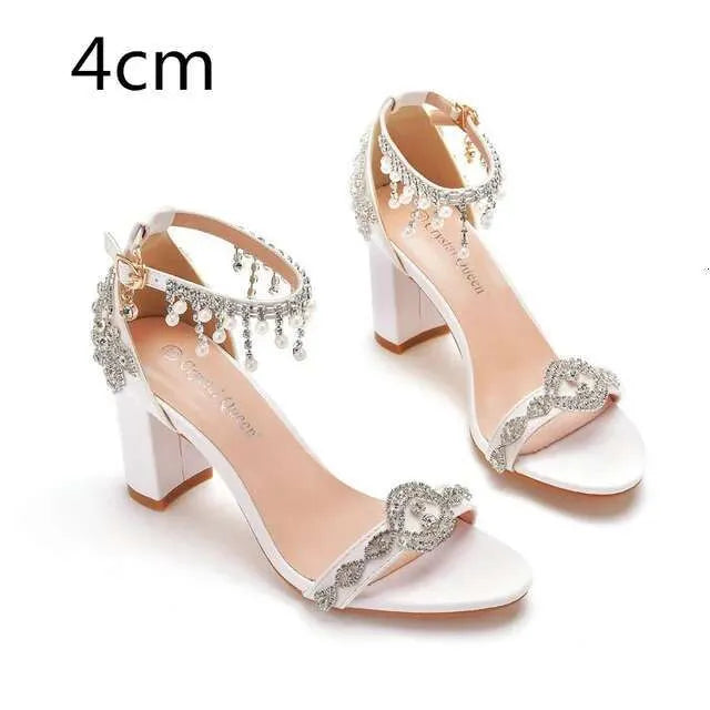 Summer 7Cm Thick Heel Shallow Mouth One Line With Beaded Sandals White Rhinester Tassel Bridal Wedding Shoes Kq8