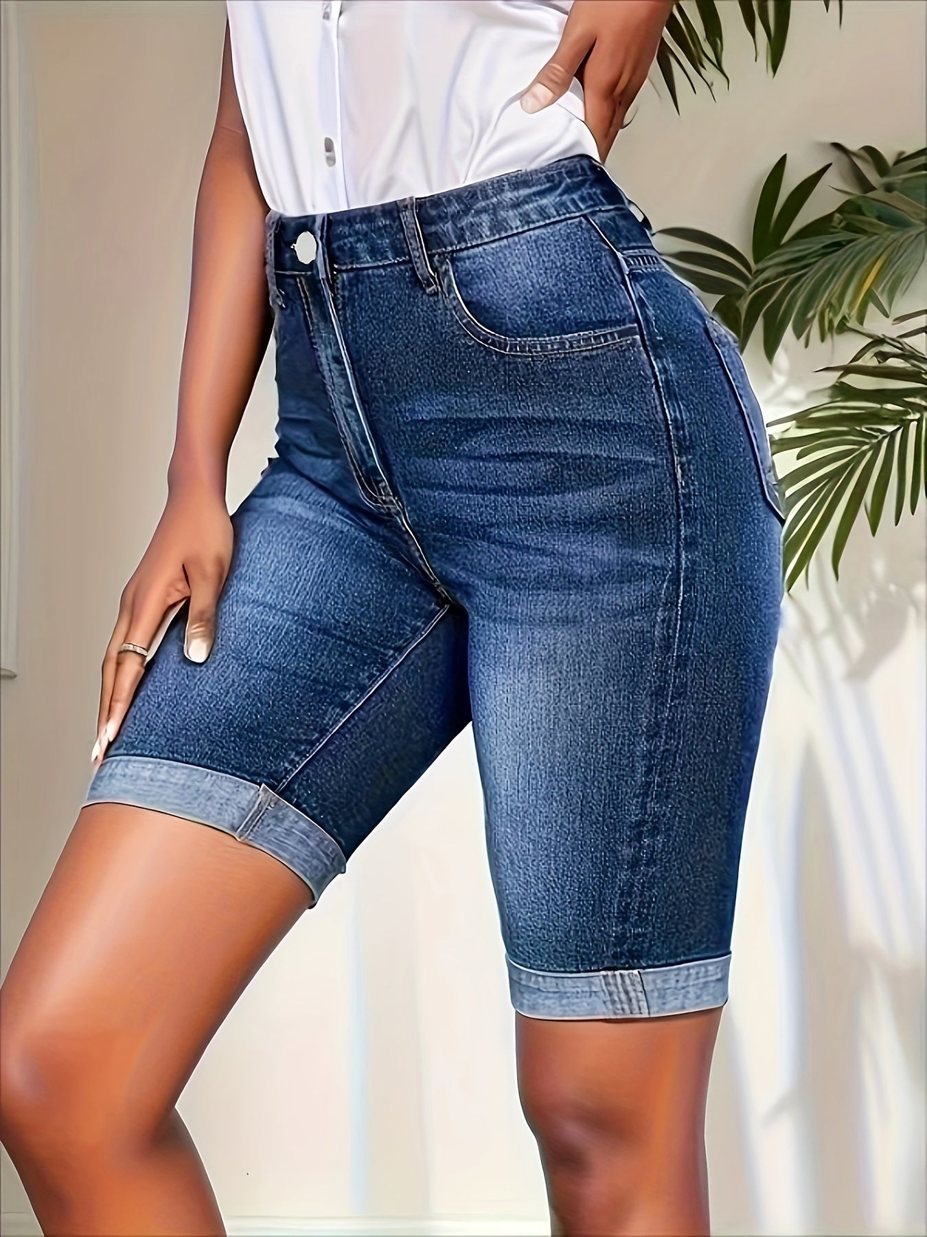 Distressed Whisker Bermuda Denim Shorts - Fashionable Cuffed Leg Opening, Faded Light Blue Wash, Convenient Side Slash Pockets, Relaxed Fit for Everyday Wear - Flattering High-Waisted Design, Designed Specifically for Women