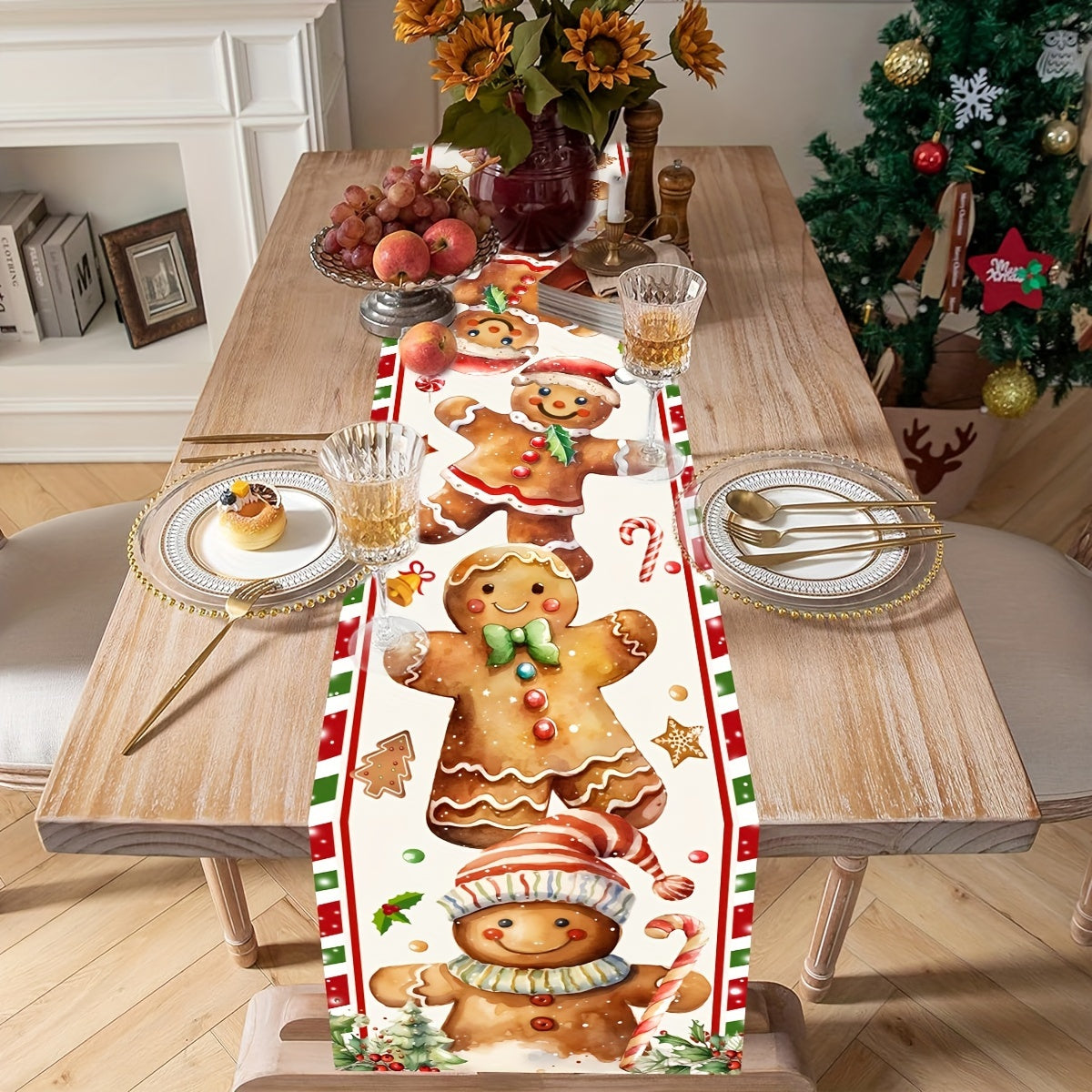 Vibrant 1-Piece Christmas Polyester Table Runner - Festive Gingerbread Man Pattern, Universal Fit, Machine Made, Easy Care, Seasonal Holiday Decor, Indoor and Outdoor Use, Perfect for Home Party, Dining Table Decoration, Xmas Celebration Accessory