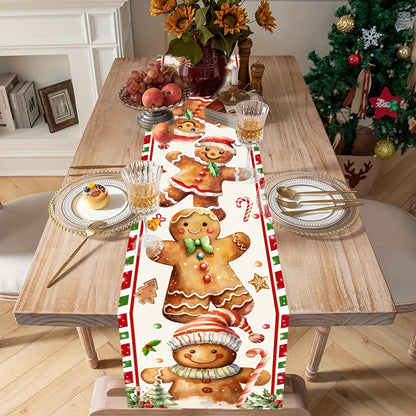 Vibrant 1-Piece Christmas Polyester Table Runner - Festive Gingerbread Man Pattern, Universal Fit, Machine Made, Easy Care, Seasonal Holiday Decor, Indoor and Outdoor Use, Perfect for Home Party, Dining Table Decoration, Xmas Celebration Accessory