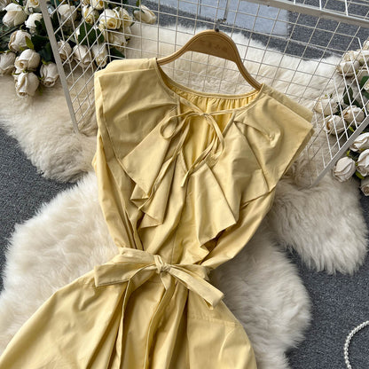 VAKKV Cute A-line Short Sleeve Dress, Yellow Fashion Dress P272