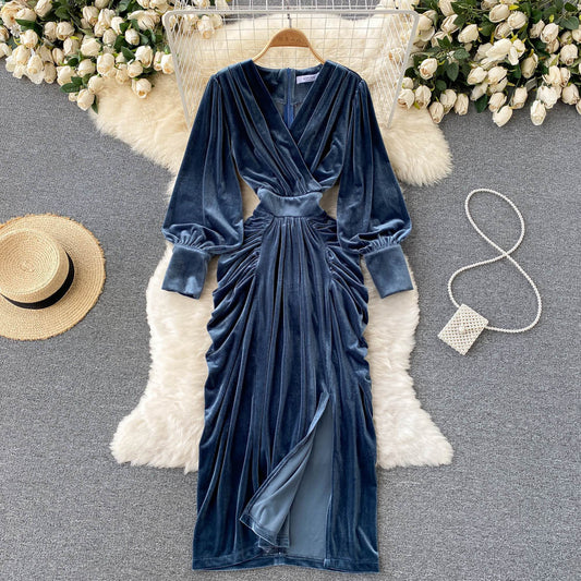 VAKKV Blue V-neck Velvet Dress, Long Sleeve Fashion Dress P275